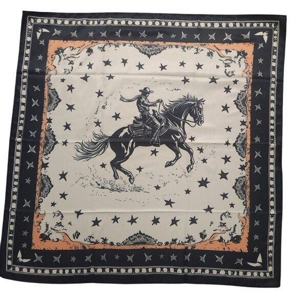 Western Cowboy & Horse Silky Scarf Bandana 26"x26" Star Pattern Navy Border - Picture 2 of 10